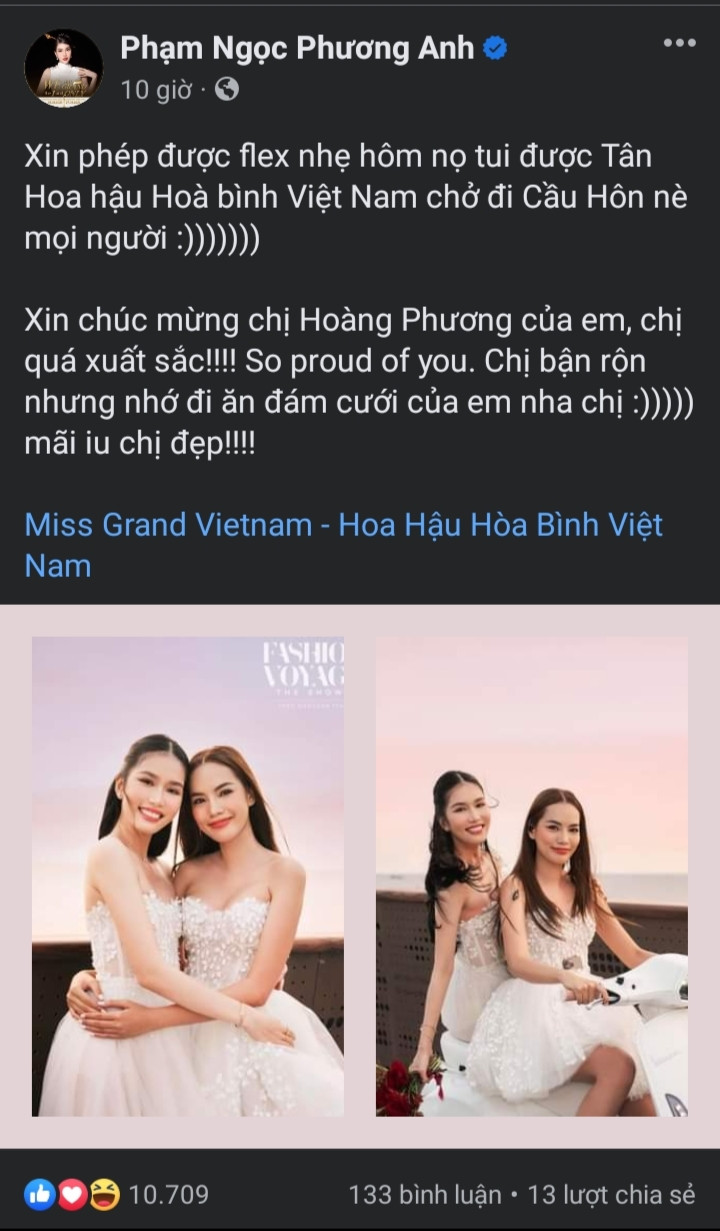 Á hậu Phương Anh flex nhẹ khoảnh khắc từng được Tân Miss Grand Vietnam chở đi Cầu Hôn (Phú Quốc) và nhắn nhủ Hoàng Phương nhớ đi ăn đám cưới của mình.
