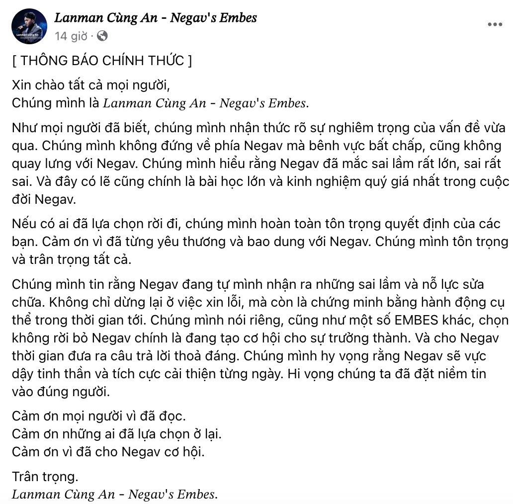 Fan của Negav khẳng định sẽ không bênh vực nam rapper một cách vô lý nhưng vẫn đồng hành cùng anh. Fan của Negav khẳng định sẽ không bênh vực nam rapper một cách vô lý nhưng vẫn đồng hành cùng anh.