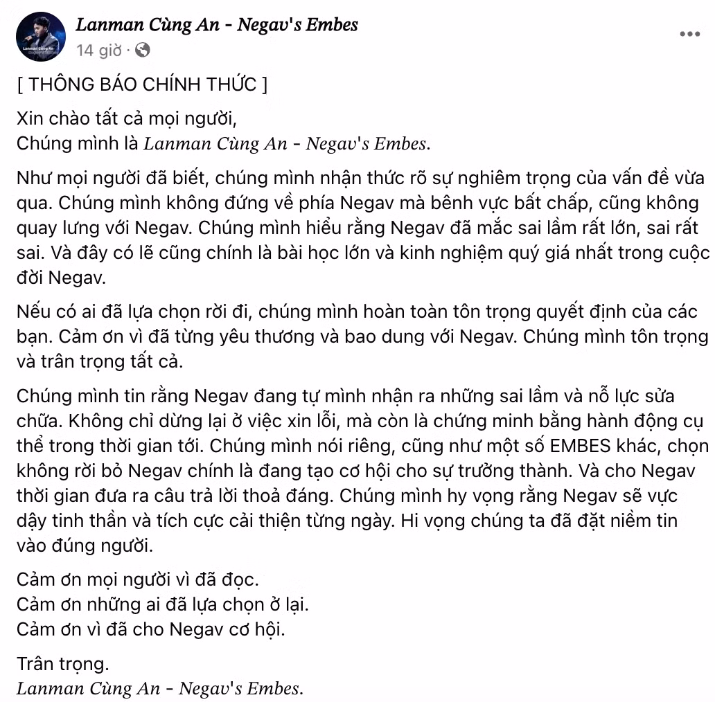 Fan của Negav khẳng định sẽ không bênh vực nam rapper một cách vô lý nhưng vẫn đồng hành cùng anh.