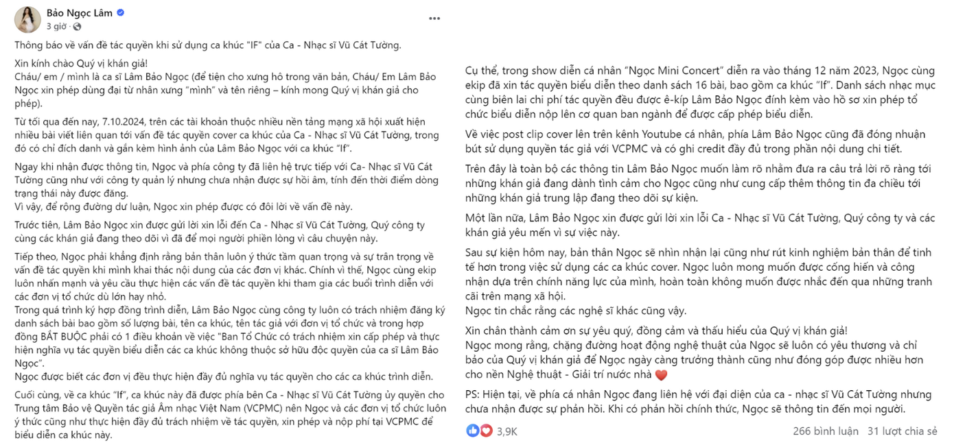 Ngày 8/10, Lâm Bảo Ngọc lên tiếng về vấn đề tác quyền dù phía Vũ Cát Tường chưa chỉ đích danh nữ ca sĩ. Ngày 8/10, Lâm Bảo Ngọc lên tiếng về vấn đề tác quyền dù phía Vũ Cát Tường chưa chỉ đích danh nữ ca sĩ.