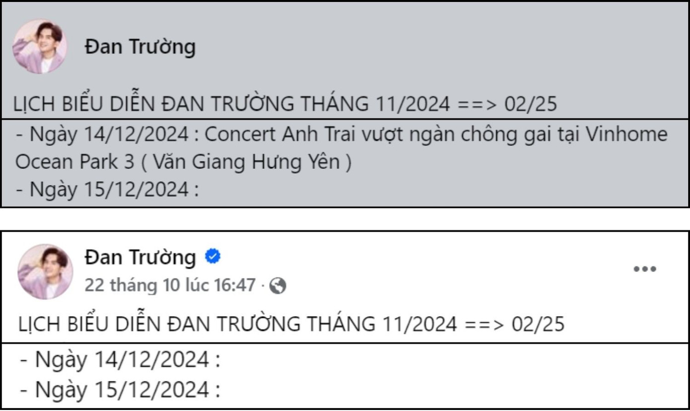 Bất ngờ cập nhật lịch biểu diễn tại concert Chông Gai D-2 nhưng "anh Bo" Đan Trường có lẽ đã phải "viết biên bản" cho "Gai Mẹ" và tiếp tục để trống lịch. Bất ngờ cập nhật lịch biểu diễn tại concert Chông Gai D-2 nhưng "anh Bo" Đan Trường có lẽ đã phải "viết biên bản" cho "Gai Mẹ" và tiếp tục để trống lịch.