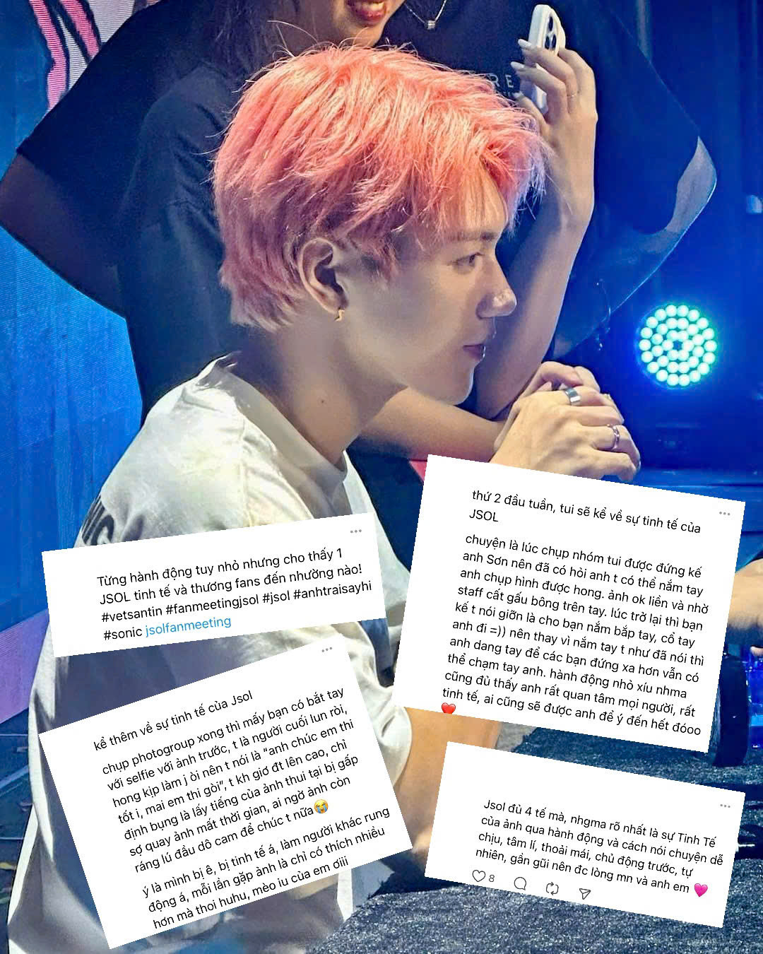 Khi chụp ảnh nhóm, JSOL dang tay để fan dù đứng xa cũng có thể chạm tới, tạo cảm giác gần gũi và công bằng cho các bạn fan đứng xa mình. Khi chụp ảnh nhóm, JSOL dang tay để fan dù đứng xa cũng có thể chạm tới, tạo cảm giác gần gũi và công bằng cho các bạn fan đứng xa mình.