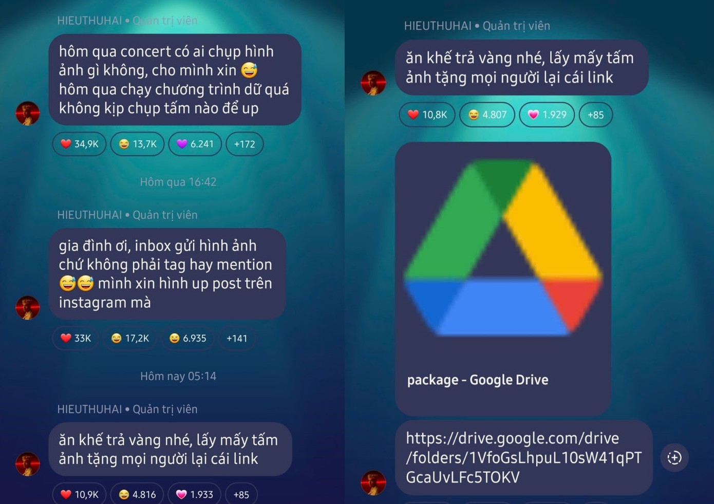 HIEUTHUHAI xin ảnh từ fan đăng lại làm kỷ niệm vì "chạy chương trình dữ quá không kịp chụp tấm nào". HIEUTHUHAI xin ảnh từ fan đăng lại làm kỷ niệm vì "chạy chương trình dữ quá không kịp chụp tấm nào".