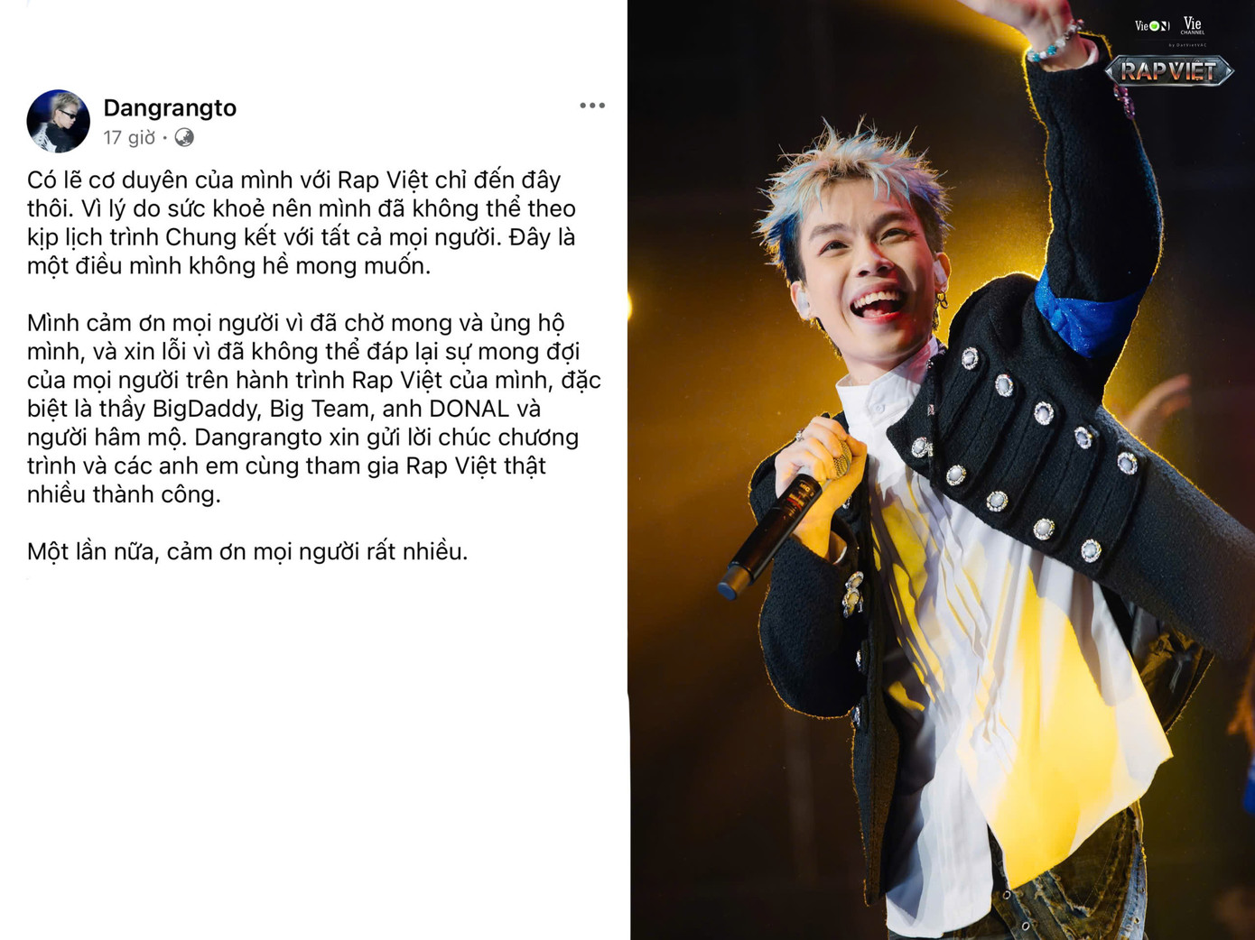 Dangrangto chính thức lên tiếng về lý do không tham gia Chung kết. Dangrangto chính thức lên tiếng về lý do không tham gia Chung kết.