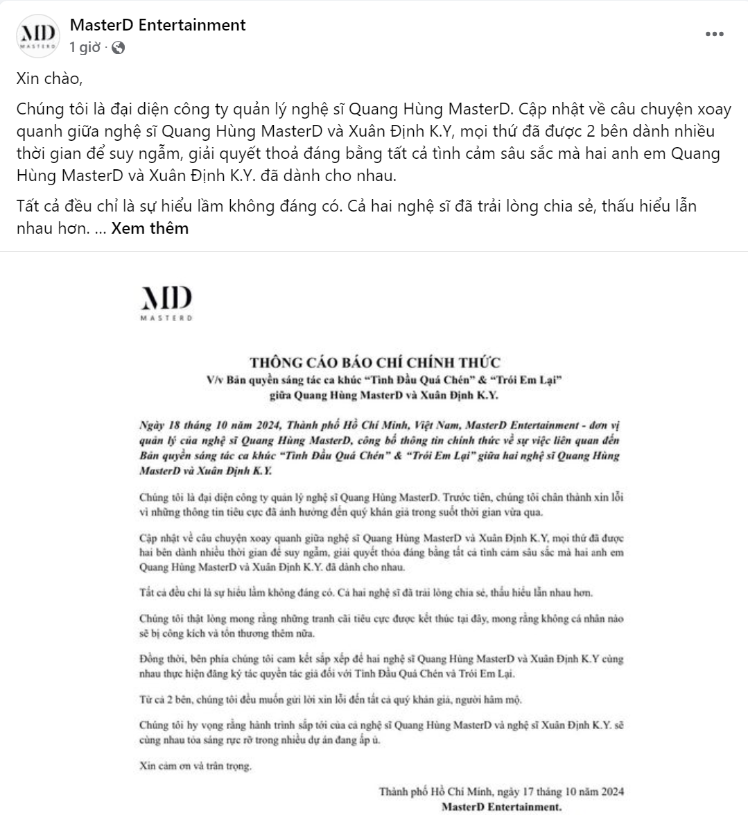 Bài đăng trên trang MasterD Entertainment thông báo vấn đề tác quyền đã xử lý xong. Bài đăng trên trang MasterD Entertainment thông báo vấn đề tác quyền đã xử lý xong.