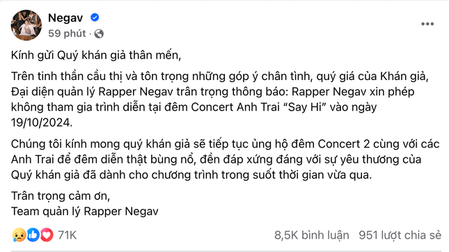 Nhiều khán giả “quay xe” nhanh chóng bán vé vì lý do Negav không tham gia concert.