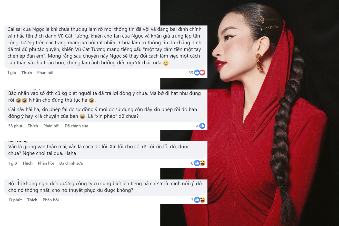 Nhiều bình luận cho rằng nữ ca sĩ xử lý vấn đề chưa thỏa đáng, có thể trực tiếp liên hệ trực tiếp Vũ Cát Tường để xử lý thay vì một dòng trạng thái. Nhiều bình luận cho rằng nữ ca sĩ xử lý vấn đề chưa thỏa đáng, có thể trực tiếp liên hệ trực tiếp Vũ Cát Tường để xử lý thay vì một dòng trạng thái.