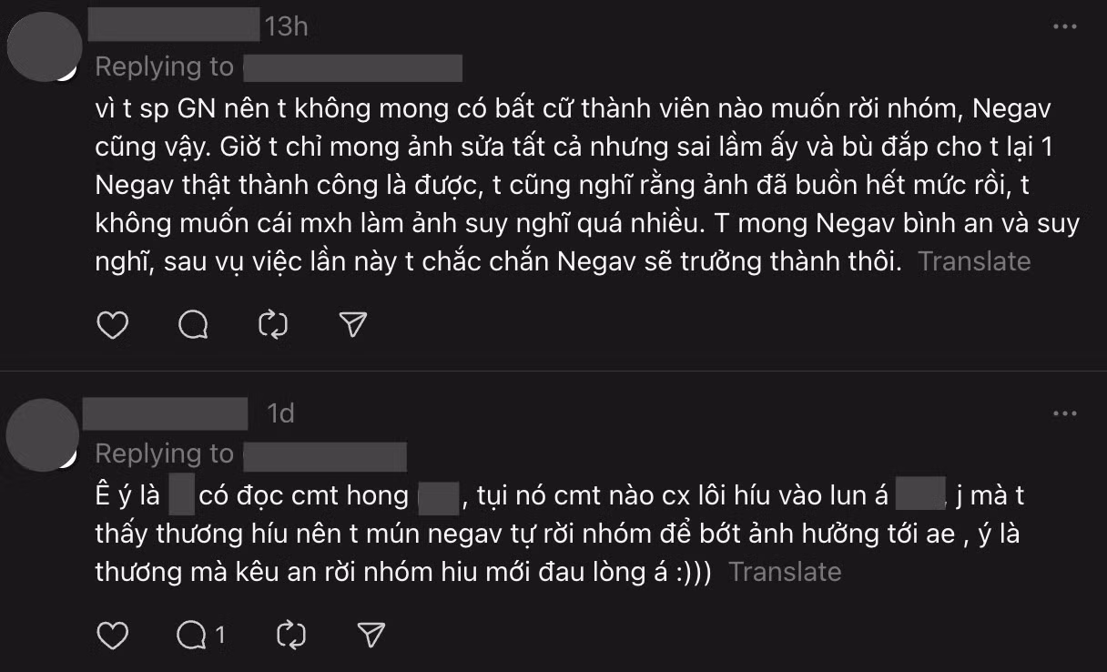 Không những thế, fan HIEUTHUHAI còn gây tranh cãi khi chỉ trích, yêu cầu Negav rời nhóm.
