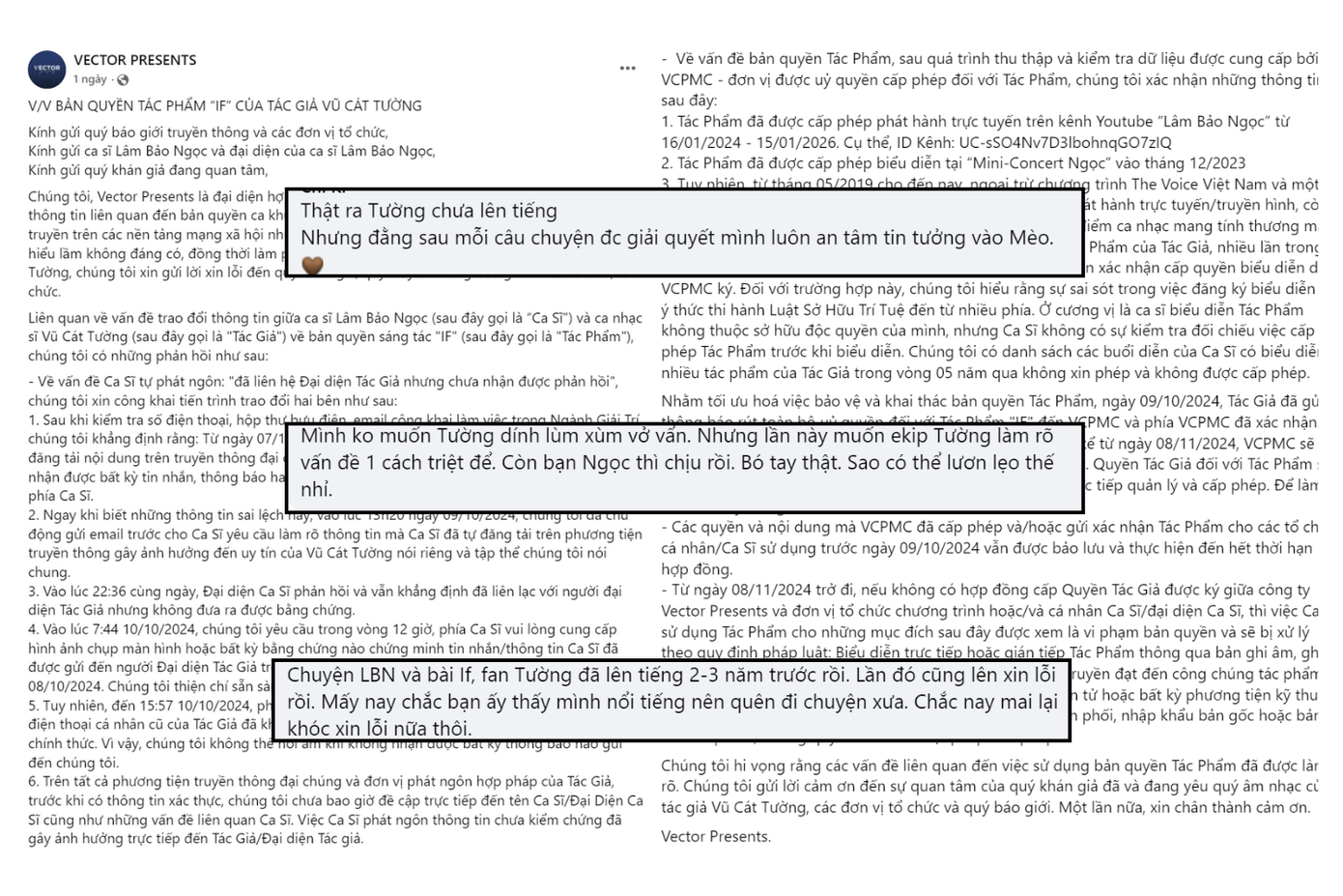 Ngày 10/10, đại diện Vũ Cát Tường lên tiếng đính chính vấn đề bản quyền. Ngày 10/10, đại diện Vũ Cát Tường lên tiếng đính chính vấn đề bản quyền.