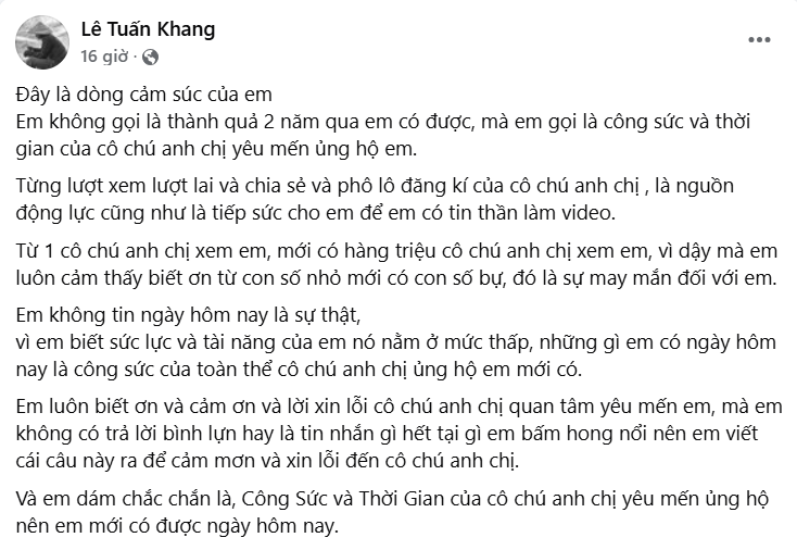 Nguyên văn bài chia sẻ của Tuấn Khang trên trang cá nhân. Nguyên văn bài chia sẻ của Tuấn Khang trên trang cá nhân.