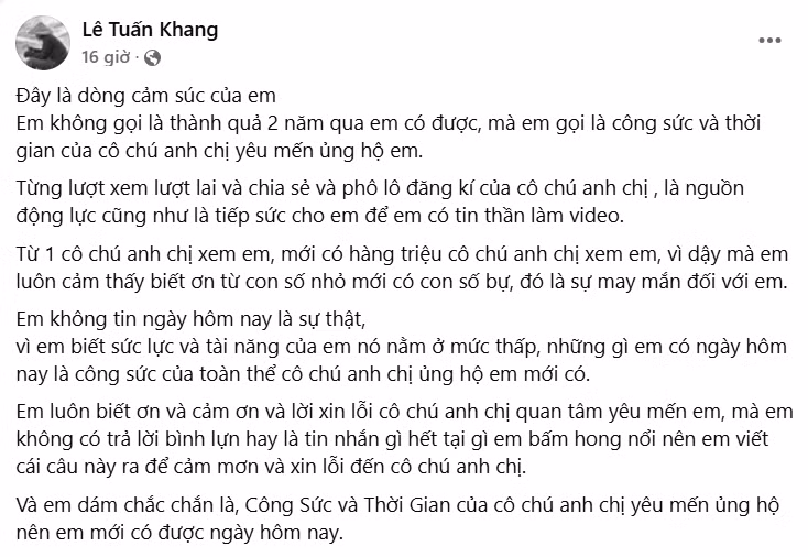 Nguyên văn bài chia sẻ của Tuấn Khang trên trang cá nhân.