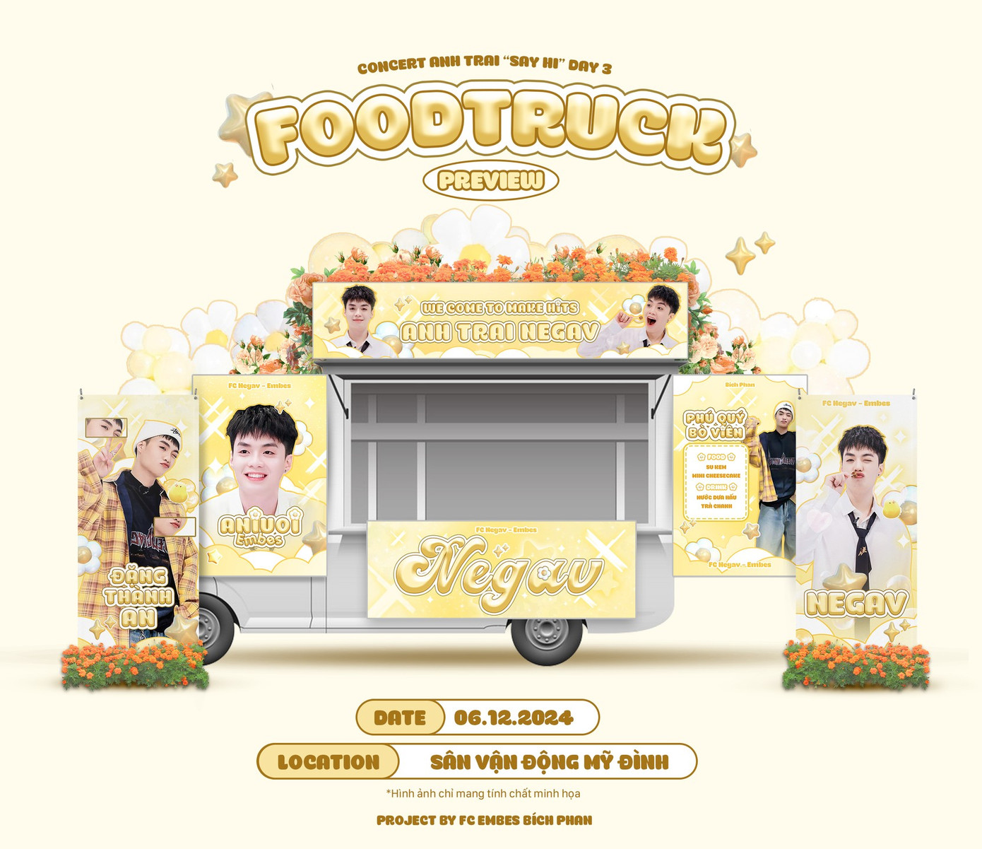 Dù BTC chưa thông báo về sự góp mặt của Negav tại concert ATSH D-3, FC Negav vẫn thực hiện các dự án như gửi xe food truck, làm cờ tiếp sức, quà tặng fan. Ảnh: FC Negav - Embes