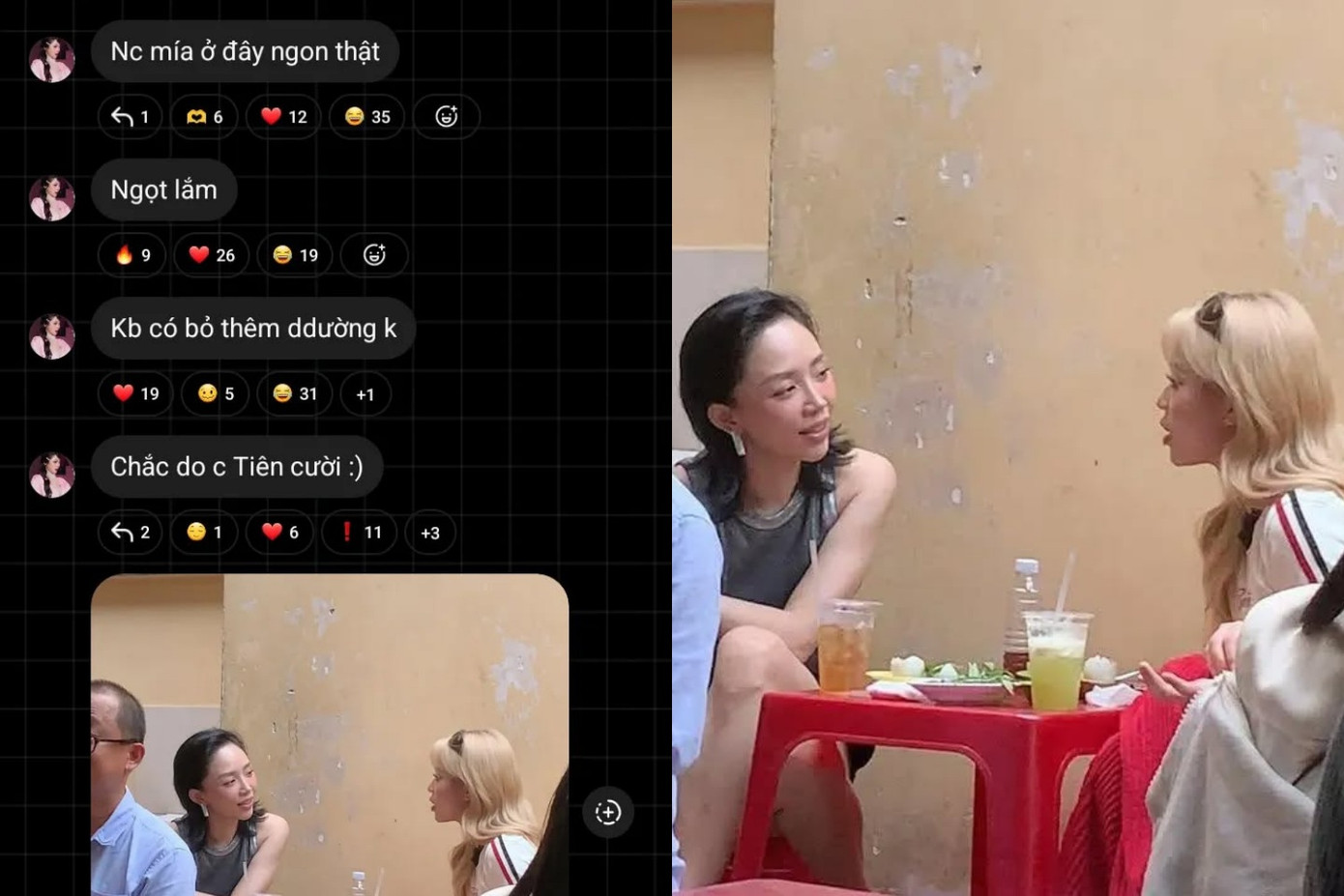 "Quậy" từ chương trình đến mạng xã hội, Tóc Tiên và MisThy cũng thường xuyên khoe những buổi "đánh lẻ" đi trà đá vỉa hè cùng nhau. "Quậy" từ chương trình đến mạng xã hội, Tóc Tiên và MisThy cũng thường xuyên khoe những buổi "đánh lẻ" đi trà đá vỉa hè cùng nhau.