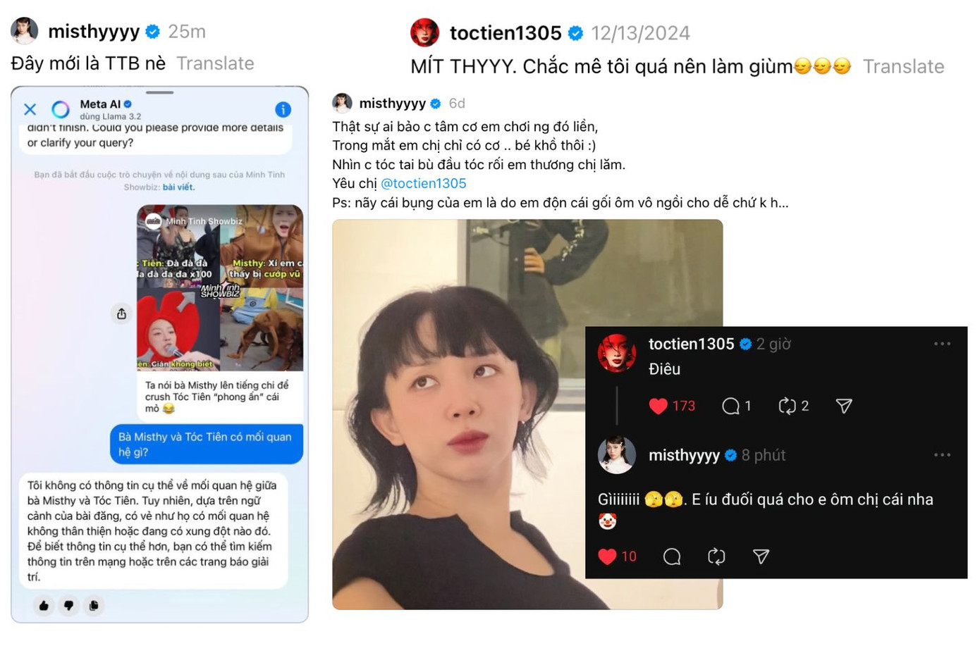 Từ mạng xã hội đến đời thực, MisThy và Tóc Tiên liên tục "gây bão" với những màn tương tác không ai ngờ tới. Từ mạng xã hội đến đời thực, MisThy và Tóc Tiên liên tục "gây bão" với những màn tương tác không ai ngờ tới.