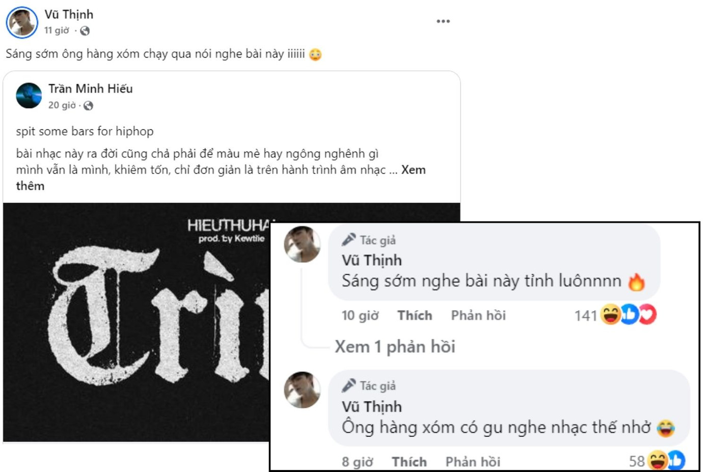 Không kêu gọi trực tiếp, "anh trai" Vũ Thịnh có "tiểu phẩm nghe nhạc được ông hàng xóm gợi ý" để ủng hộ HIEUTHUHAI. Không kêu gọi trực tiếp, "anh trai" Vũ Thịnh có "tiểu phẩm nghe nhạc được ông hàng xóm gợi ý" để ủng hộ HIEUTHUHAI.