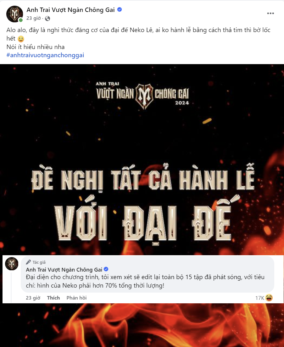 Vừa nắm quyền, Neko đã đưa ra đề nghị edit lại toàn bộ chương trình với tiêu chí 70% thời lượng chương trình là hình của mình. Vừa nắm quyền, Neko đã đưa ra đề nghị edit lại toàn bộ chương trình với tiêu chí 70% thời lượng chương trình là hình của mình.