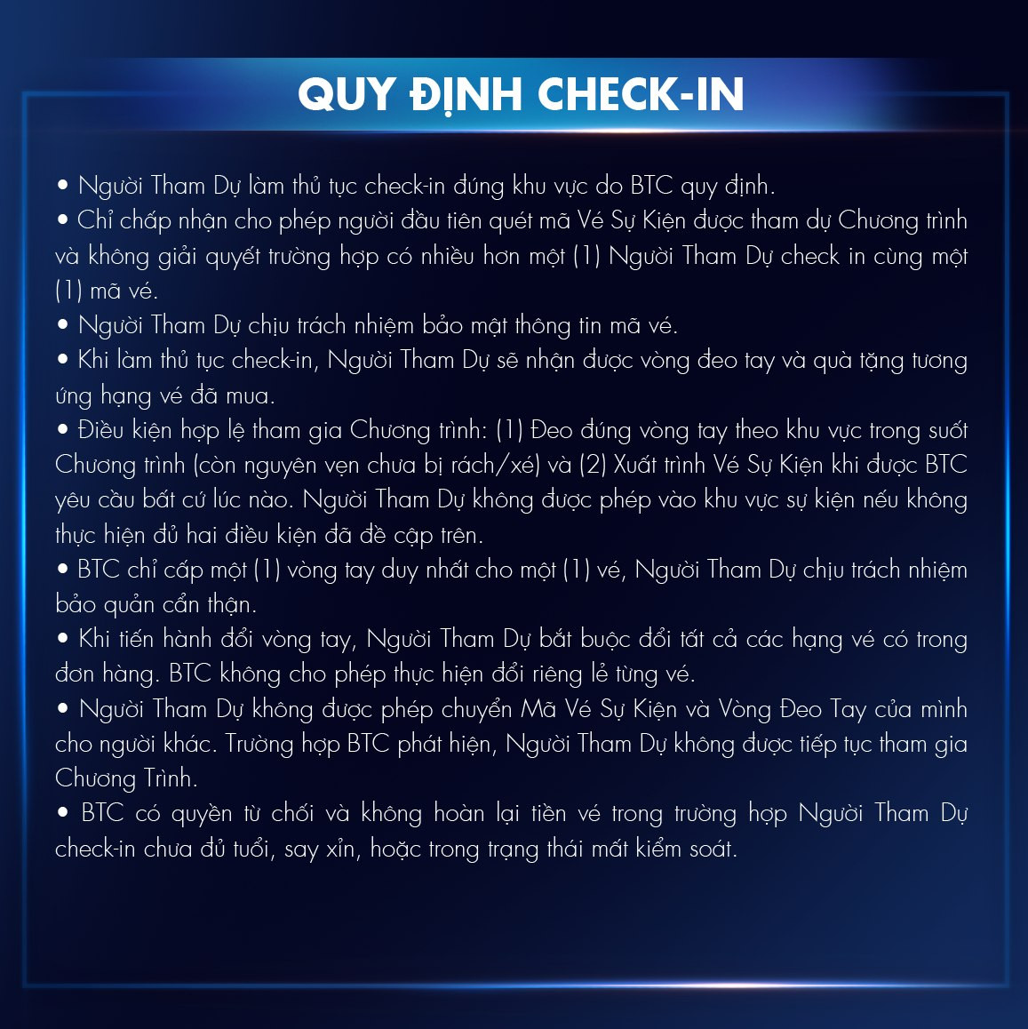 Bảng hướng dẫn chi tiết của đêm Concert về thủ tục check-in.