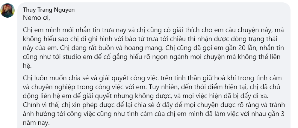 Trang Pháp để lại bình luận làm rõ những vấn đề khiến Nemo hiểu lầm.