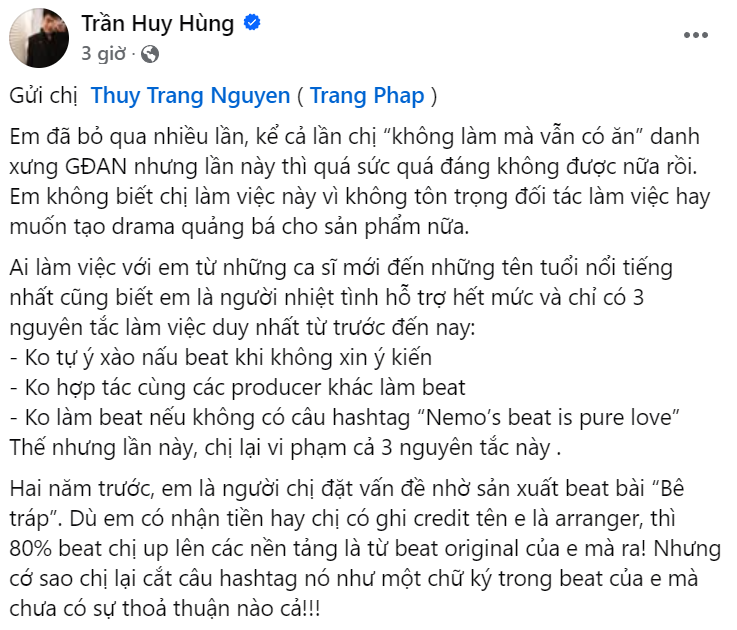 Bài chia sẻ về quá trình làm việc của producer Nemo và Trang Pháp thu hút sự chú ý của netizen.