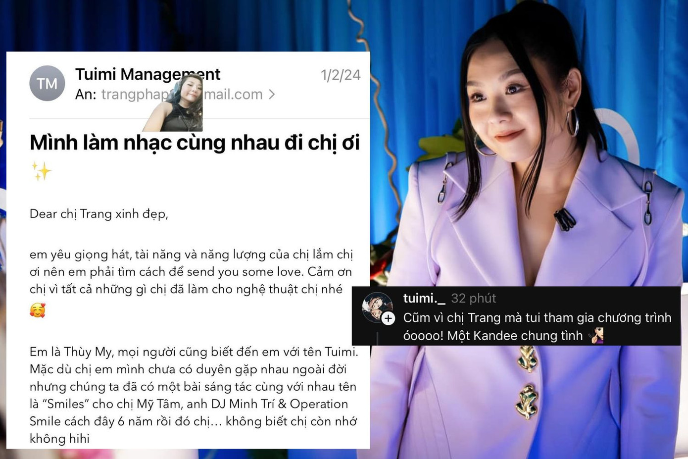 Có duyên từ nhiều năm trước, Tuimi đặc biệt bày tỏ sự ngưỡng mộ dành cho giọng hát, tài năng và năng lượng của giọng ca Chocolate. Có duyên từ nhiều năm trước, Tuimi đặc biệt bày tỏ sự ngưỡng mộ dành cho giọng hát, tài năng và năng lượng của giọng ca Chocolate.