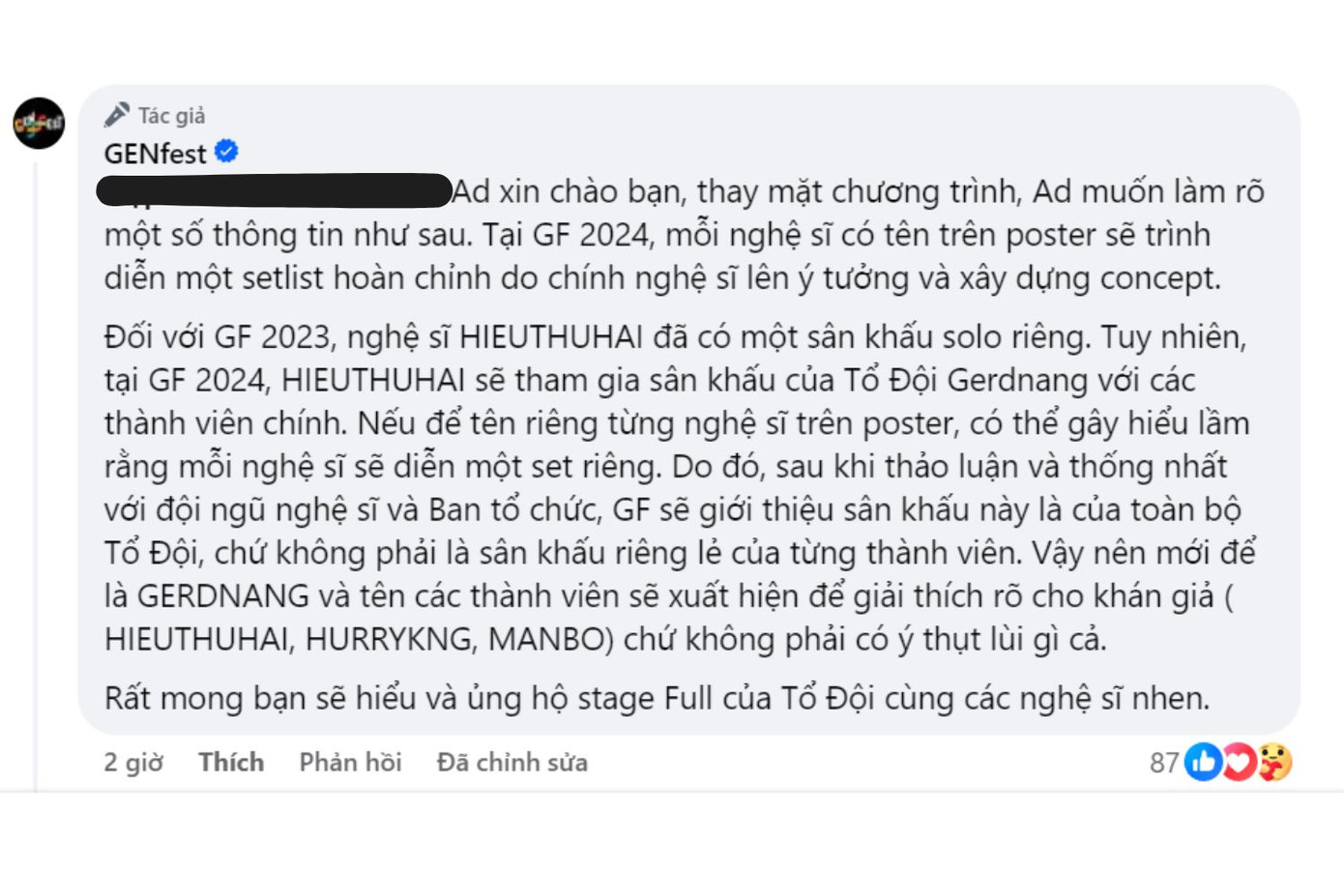 BTC phản hồi ý kiến về sự xuất hiện của HIEUTHUHAI trên sân khấu GENfest 2024. BTC phản hồi ý kiến về sự xuất hiện của HIEUTHUHAI trên sân khấu GENfest 2024.