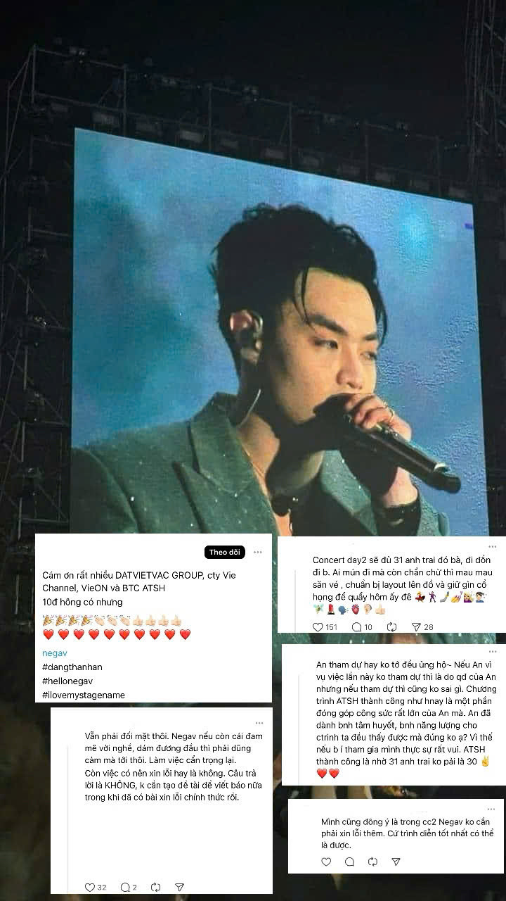 Nhiều ý kiến cho rằng Negav nên xuất hiện tại Concert để xin lỗi trực tiếp khán giả. Nhiều ý kiến cho rằng Negav nên xuất hiện tại Concert để xin lỗi trực tiếp khán giả.