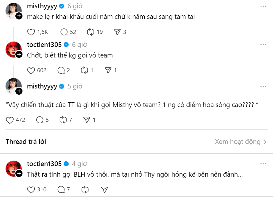 Tóc Tiên và MisThy tạo "mảng miếng" giữa lúc netizen có nhiều ý kiến trái chiều, tiết lộ chiến thuật thực sự khi Tóc Tiên gọi MisThy vào team là vì "tính gọi Bùi Lan Hương vô thôi, mà tại nhỏ Thy ngồi hóng kế bên nên đành..." Tóc Tiên và MisThy tạo "mảng miếng" giữa lúc netizen có nhiều ý kiến trái chiều, tiết lộ chiến thuật thực sự khi Tóc Tiên gọi MisThy vào team là vì "tính gọi Bùi Lan Hương vô thôi, mà tại nhỏ Thy ngồi hóng kế bên nên đành..."