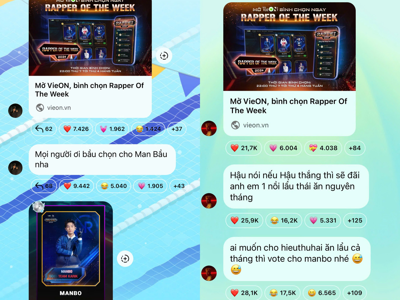 Kêu gọi bình chọn cho MANBO, HIEUTHUHAI không quên &quot;nhắc nhẹ&quot; người anh em về kèo lẩu.