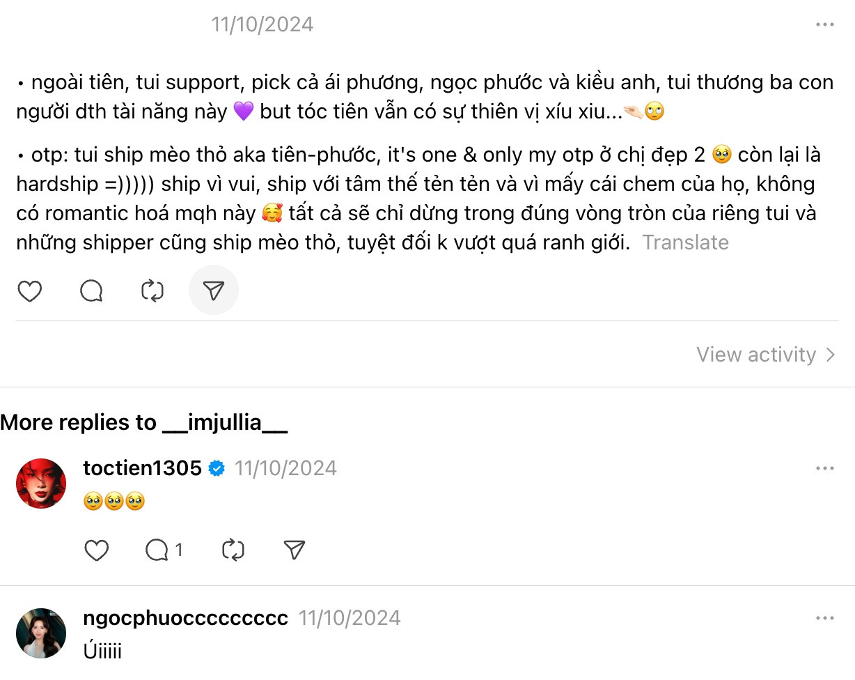 Cả hai cũng tích cực tương tác trên các bài đăng của fan. Cả hai cũng tích cực tương tác trên các bài đăng của fan.