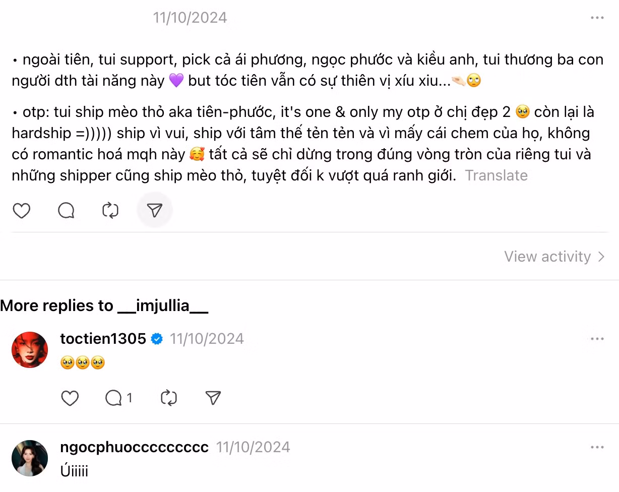 Cả hai cũng tích cực tương tác trên các bài đăng của fan.