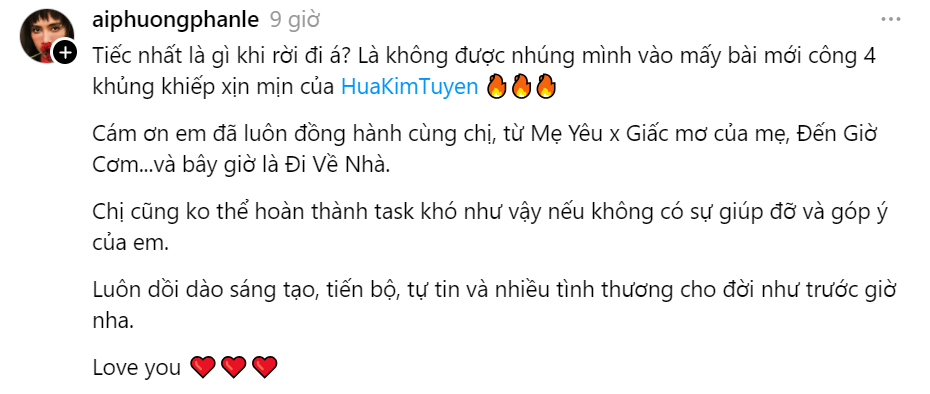 Ái Phương gửi lời cảm ơn đến Hứa Kim Tuyền.