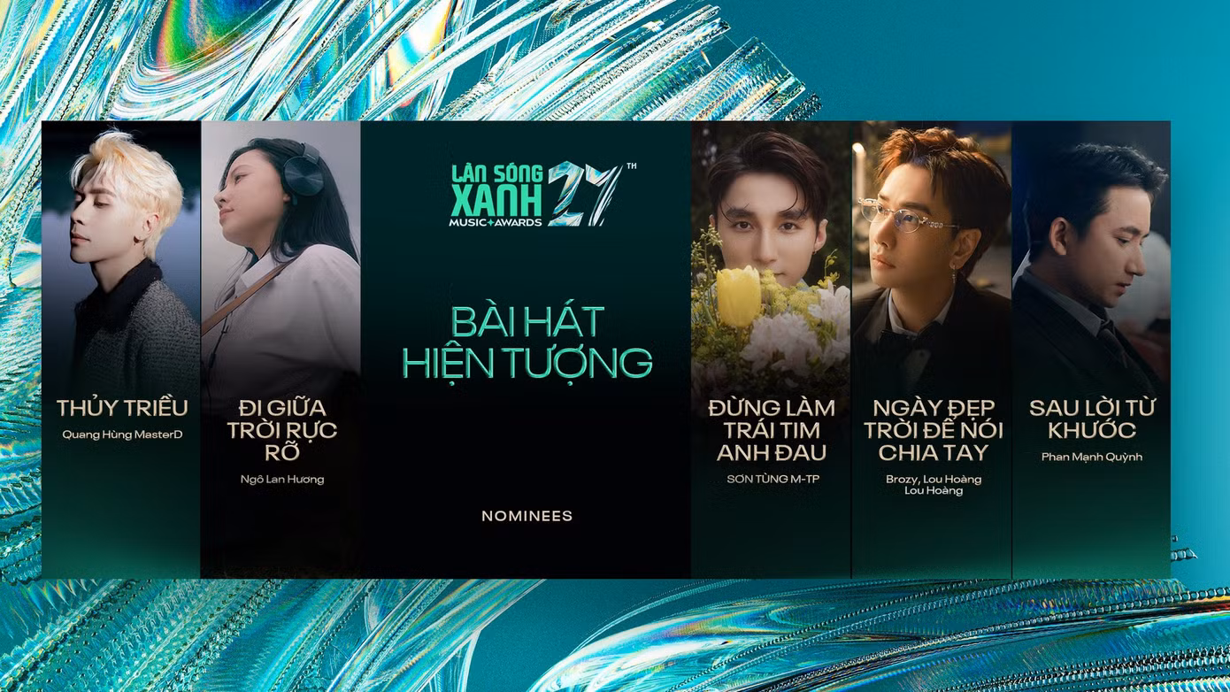 5 đề cử Bài hát hiện tượng gồm Thủy Triều, Đi Giữa Trời Rực Rỡ, Đừng Làm Trái Tim Anh Đau, Ngày Đẹp Trời Để Nói Chia Tay, Sau Lời Từ Khước.