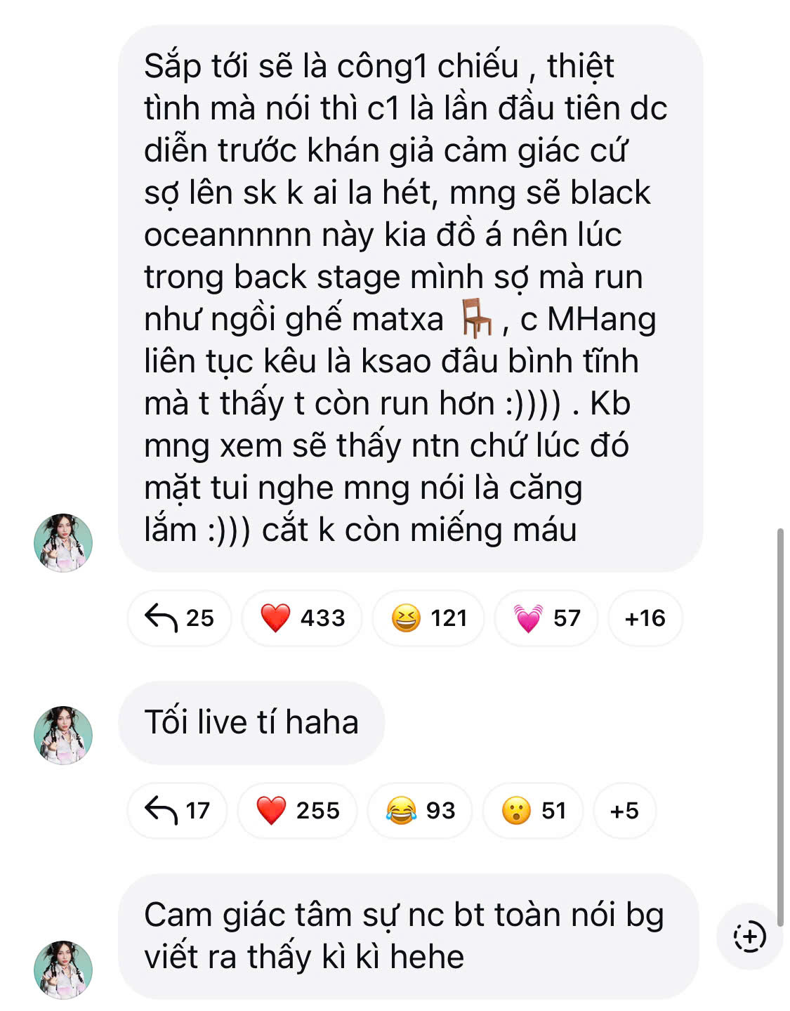 Misthy trải lòng với fan về Công diễn 1. Misthy trải lòng với fan về Công diễn 1.