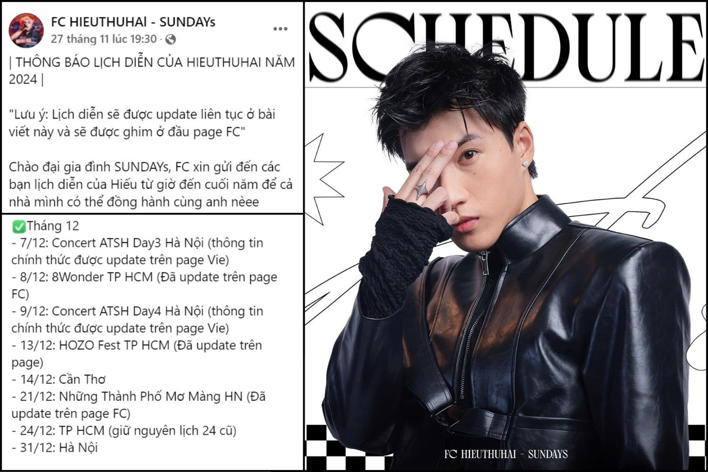 Lịch biểu diễn tháng 12 của HIEUTHUHAI. Ảnh: FC HIEUTHUHAI - SUNDAYs