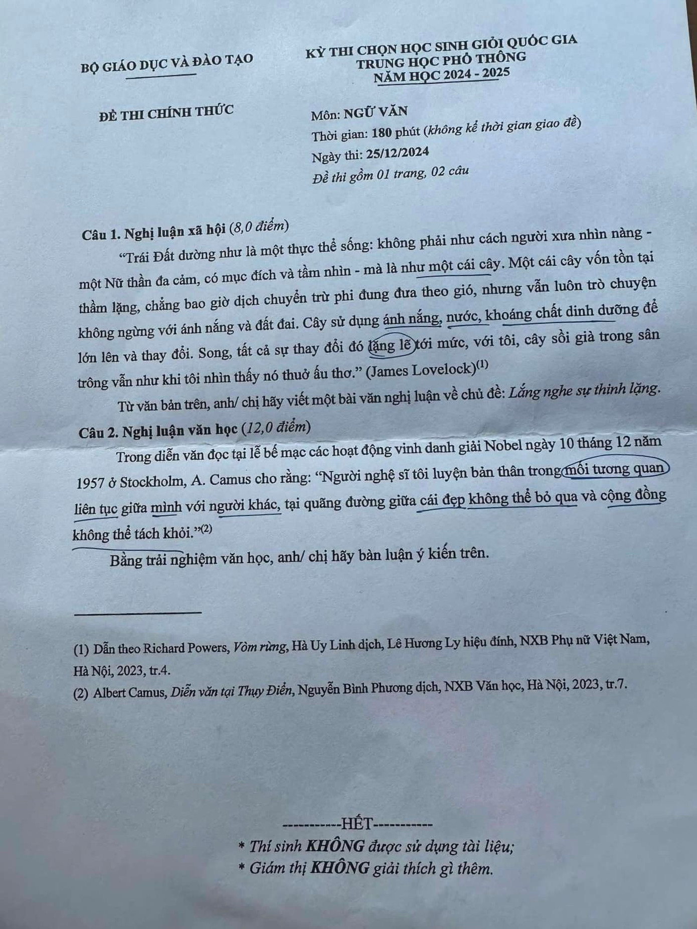 Đề thi môn Ngữ văn kì thi Học sinh giòi Quốc gia THPT năm 2024 - 2025. Nguồn: BLOG CHUYÊN VĂN