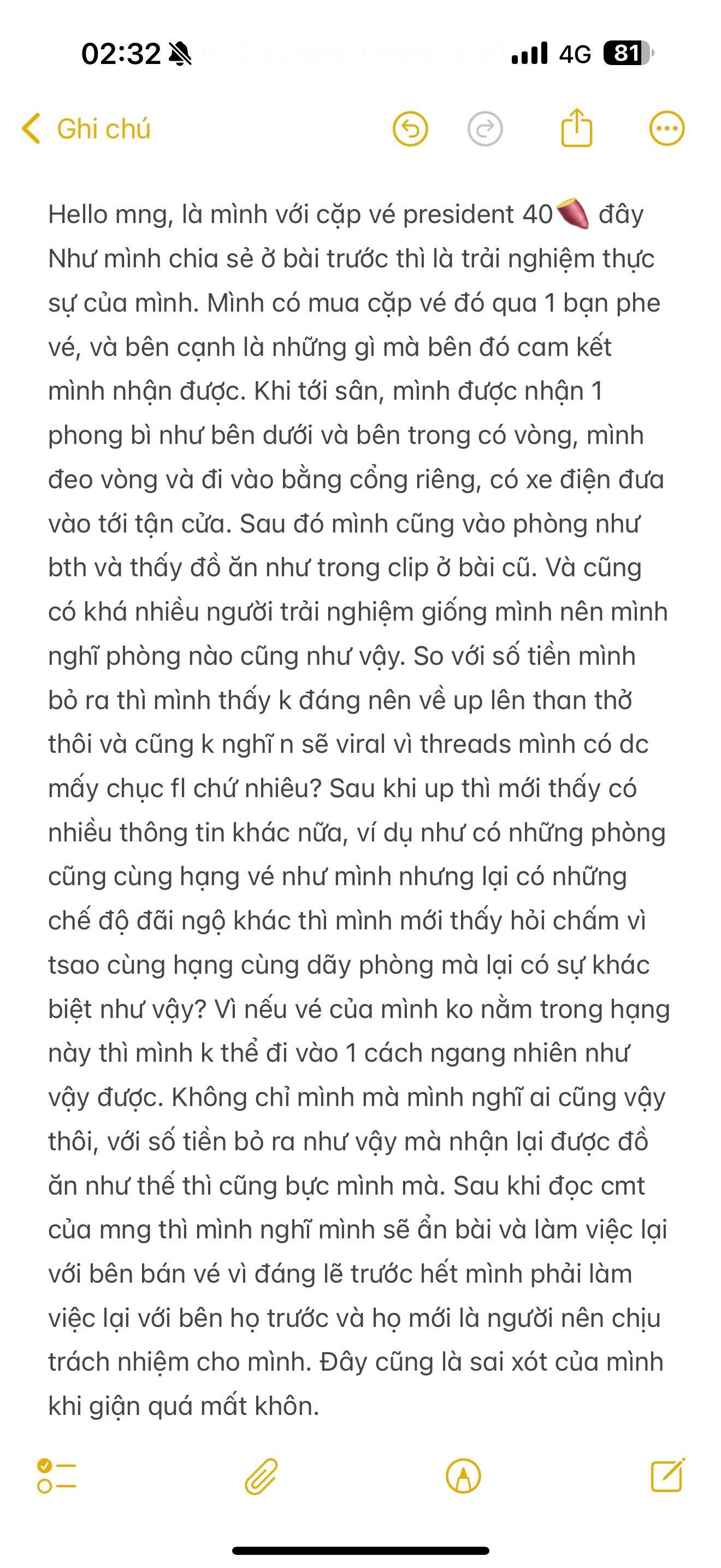 Chủ nhân bài đăng phàn nàn về dịch vụ của hạng vé President có giá 20 triệu/vé lên tiếng giải thích, làm rõ câu chuyện. Vị khán giả này cho biết đã mua lại vé từ "phe vé". Ảnh: @n.ttrang__ Chủ nhân bài đăng phàn nàn về dịch vụ của hạng vé President có giá 20 triệu/vé lên tiếng giải thích, làm rõ câu chuyện. Vị khán giả này cho biết đã mua lại vé từ "phe vé". Ảnh: @n.ttrang__