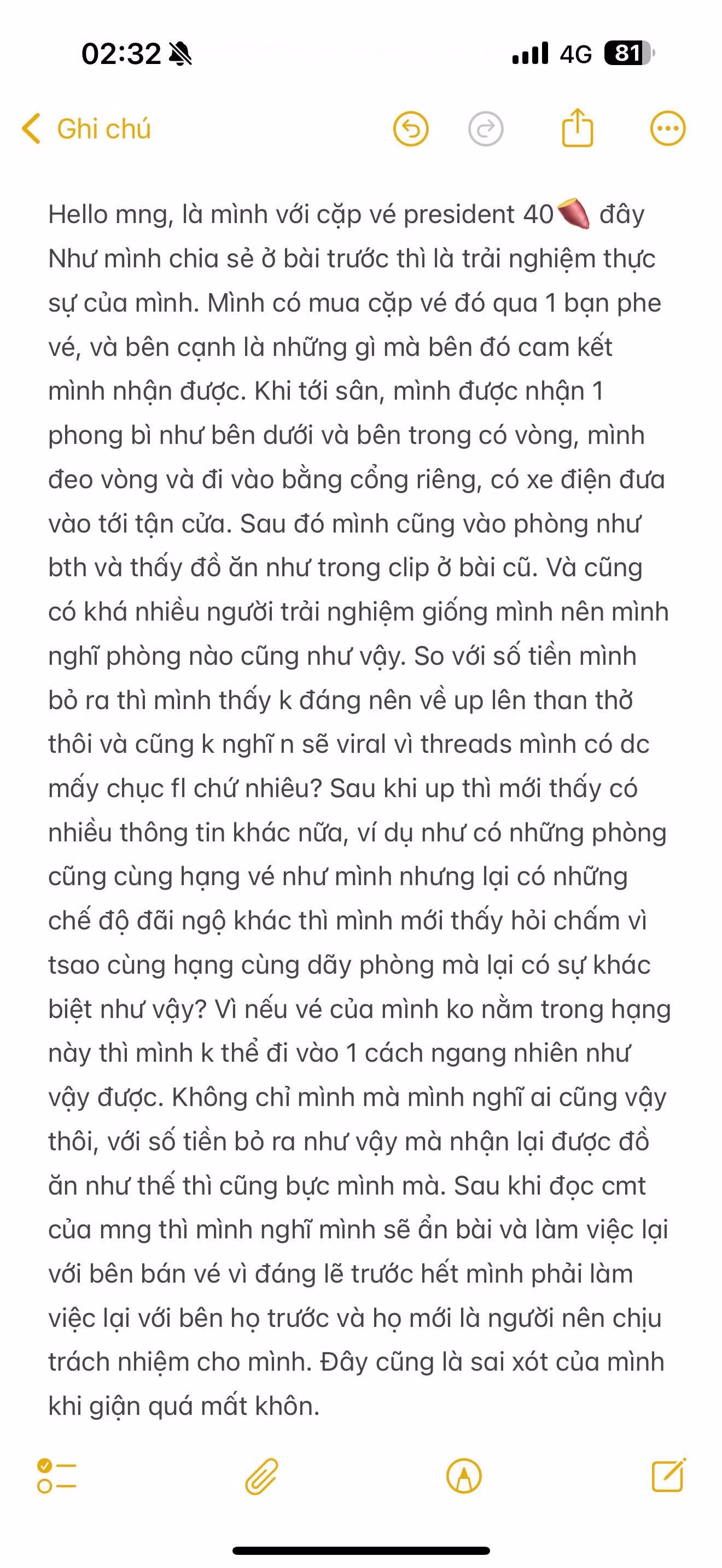 Chủ nhân bài đăng phàn nàn về dịch vụ của hạng vé President có giá 20 triệu/vé lên tiếng giải thích, làm rõ câu chuyện. Vị khán giả này cho biết đã mua lại vé từ "phe vé". Ảnh: @n.ttrang__