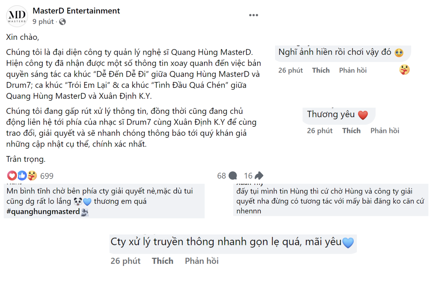 Công ty quản lý Quang Hùng MasterD lên tiếng, fan ghi nhận việc xử lý truyền thông nhanh gọn của phía công ty và ê-kíp.