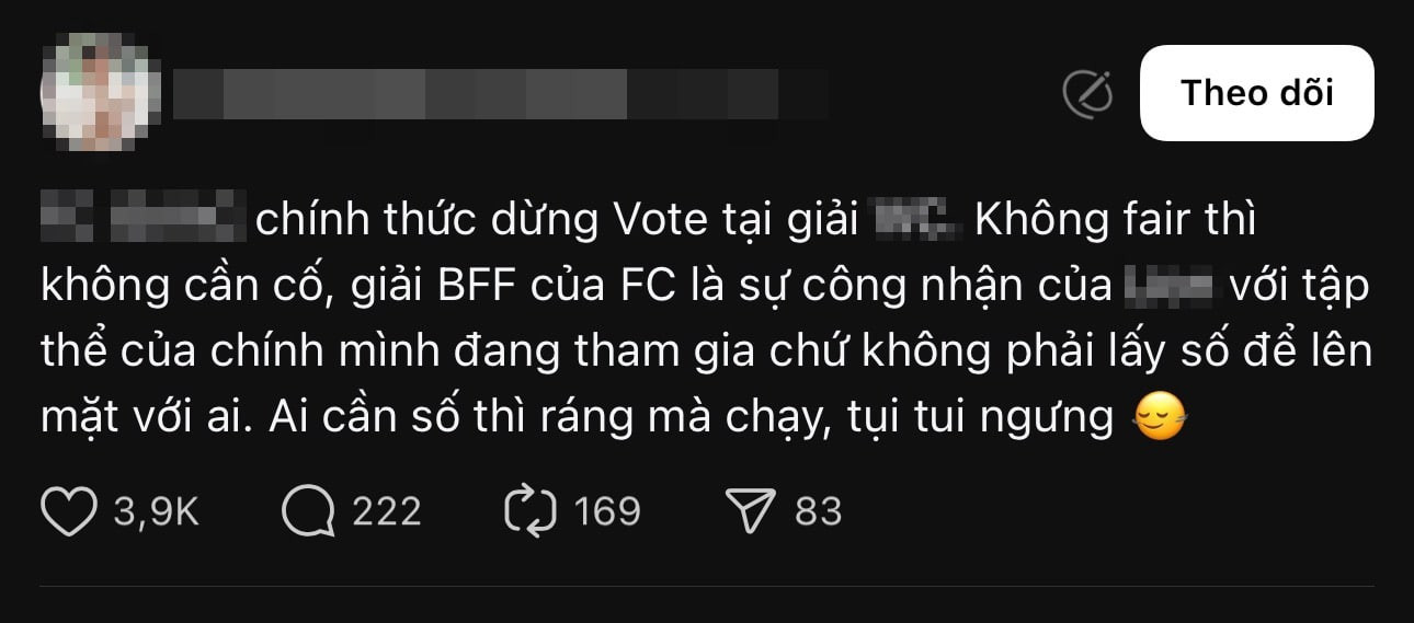 Một FC tuyên bố "dừng cuộc chơi" vì cho rằng giải thưởng chưa đảm bảo được tính công bằng. Một FC tuyên bố "dừng cuộc chơi" vì cho rằng giải thưởng chưa đảm bảo được tính công bằng.