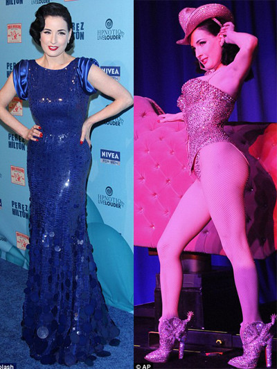 Vũ nữ Dita Von Tesse tới tham dự bữa tiệc trong bộ đầm xanh sang trọng và biểu diễn trên sân khấu