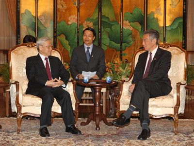 Thủ tướng Chính phủ, Tổng Thư ký Đảng Hành động Nhân dân Singapore Lý Hiển Long hội đàm với Tổng Bí thư Nguyễn Phú Trọng ngày 12-9. Ảnh: TTXVN