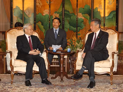 Thủ tướng Chính phủ, Tổng Thư ký Đảng Hành động Nhân dân Singapore Lý Hiển Long hội đàm với Tổng Bí thư Nguyễn Phú Trọng ngày 12-9. Ảnh: TTXVN