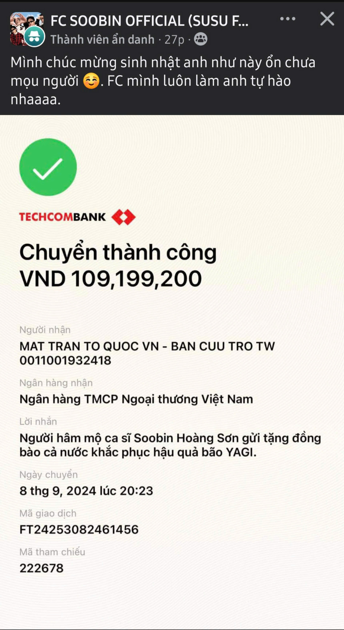 Người hâm mộ ca sĩ SOOBIN góp sức cùng đồng bào cả nước khắc phục hậu quả sau bão. Người hâm mộ ca sĩ SOOBIN góp sức cùng đồng bào cả nước khắc phục hậu quả sau bão.