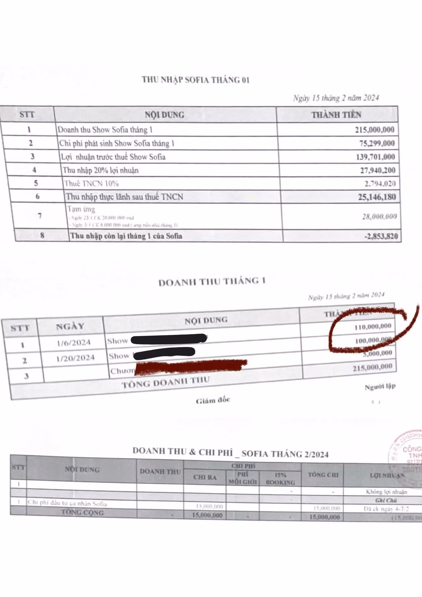Về vấn đề liên quan đến hợp đồng thu - chi, Sofia cho biết sẽ làm rõ hơn trong buổi livestream.