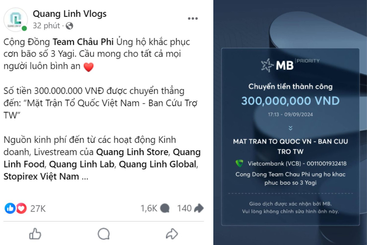 Chiều 9/9, Quang Linh Vlogs và team châu Phi đã chuyển 300 triệu đồng vào số tài khoản của Mặt trận Tổ quốc Việt Nam. Chiều 9/9, Quang Linh Vlogs và team châu Phi đã chuyển 300 triệu đồng vào số tài khoản của Mặt trận Tổ quốc Việt Nam.