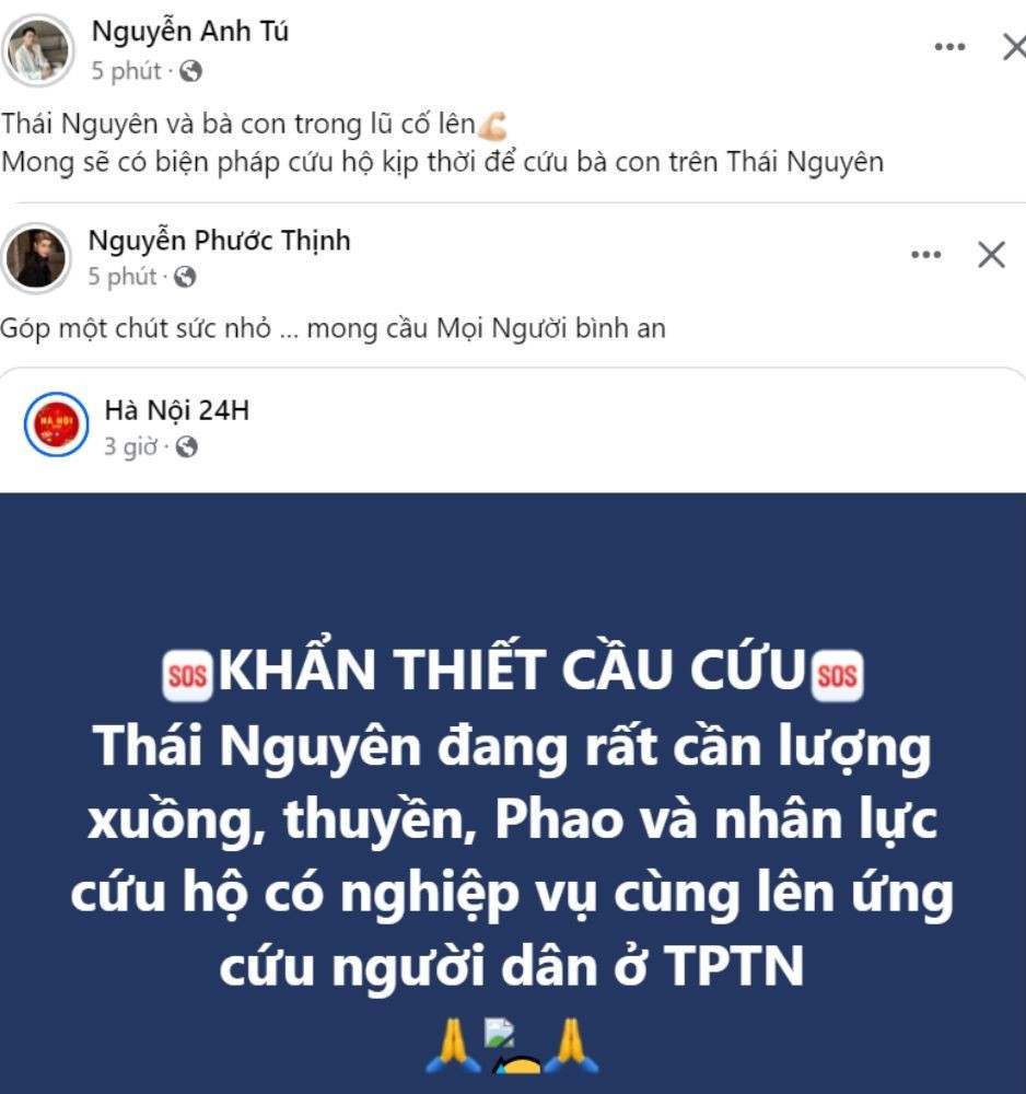 Trước tình hình lũ dâng cao tại Thái Nguyên, Cao Bằng vào đêm 9/9, Noo Phước Thịnh, Anh Tú và nhiều nghệ sĩ cùng chia sẻ lời cầu cứu trên trang cá nhân. Trước tình hình lũ dâng cao tại Thái Nguyên, Cao Bằng vào đêm 9/9, Noo Phước Thịnh, Anh Tú và nhiều nghệ sĩ cùng chia sẻ lời cầu cứu trên trang cá nhân.