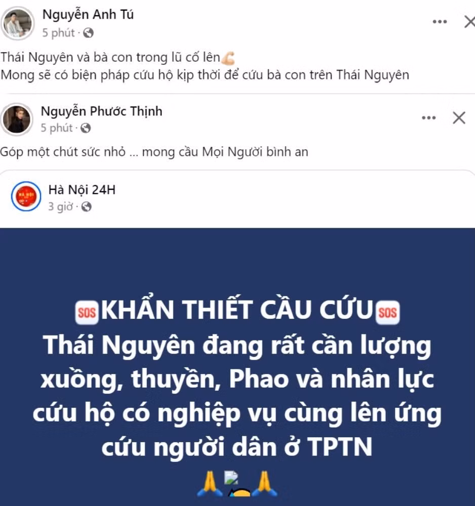 Trước tình hình lũ dâng cao tại Thái Nguyên, Cao Bằng vào đêm 9/9, Noo Phước Thịnh, Anh Tú và nhiều nghệ sĩ cùng chia sẻ lời cầu cứu trên trang cá nhân.