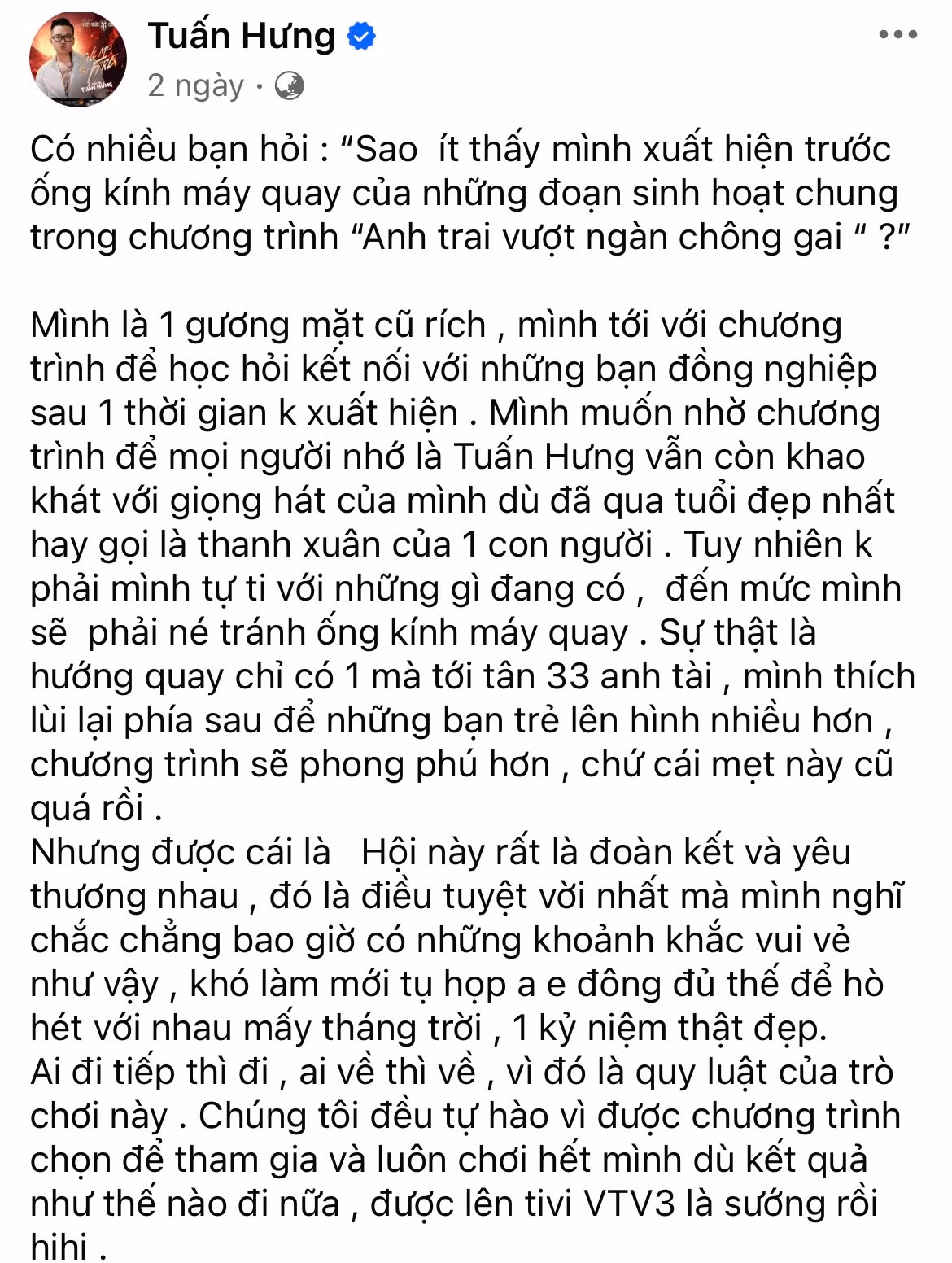 Bài chia sẻ của Tuấn Hưng đang được cộng đồng mạng quan tâm.