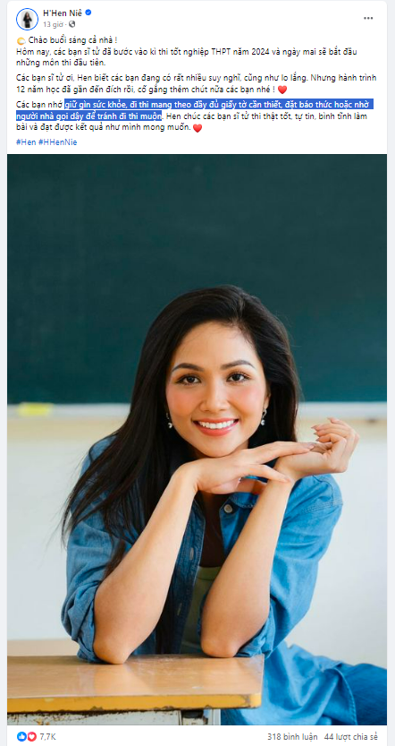 Hoa hậu H&apos;Hen Niê hy vọng các teen 12 sẽ thi thật tốt và &quot;ẵm&quot; về điểm số mong muốn.