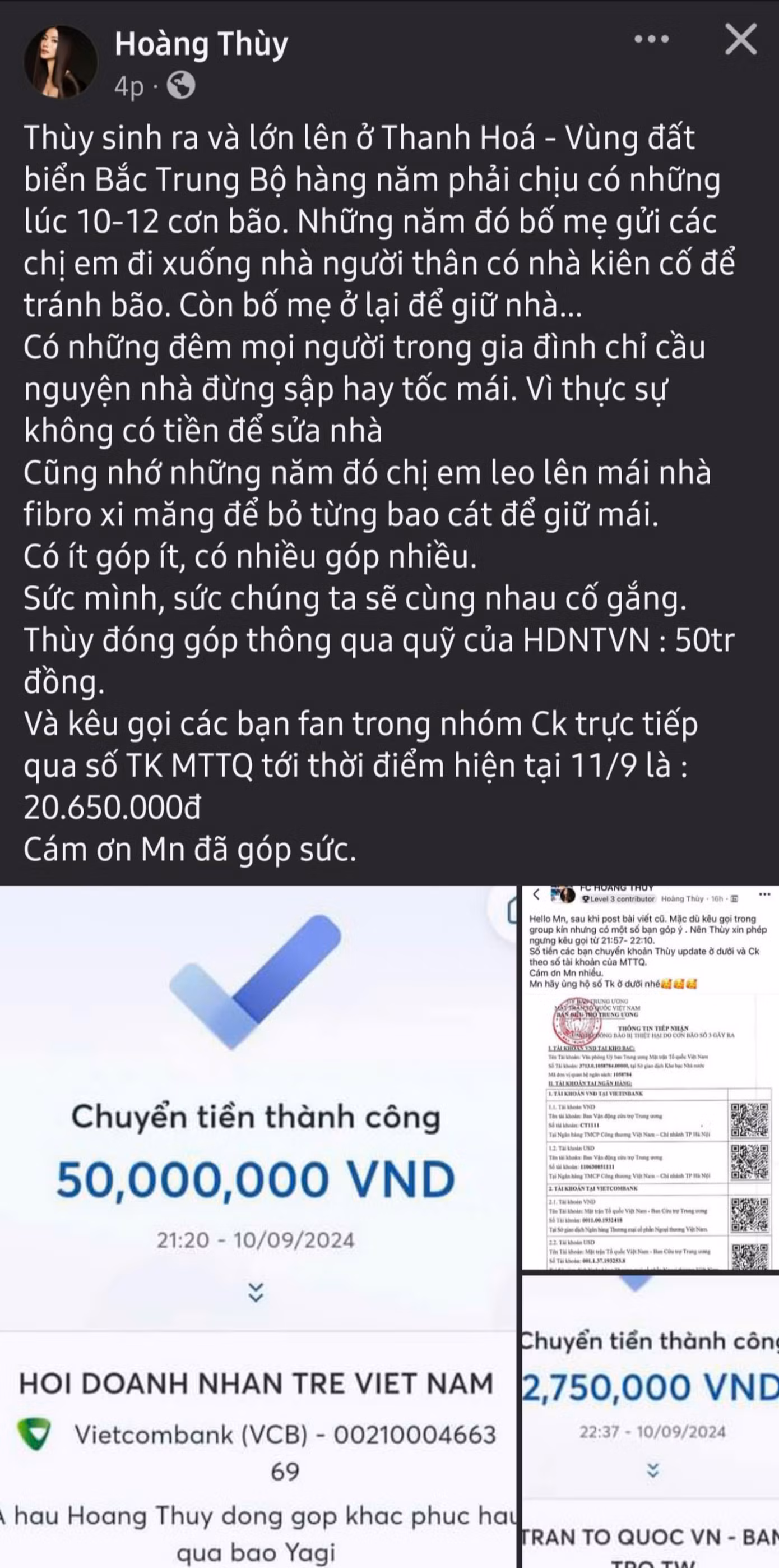 Á hậu Hoàng Thùy cùng FC hỗ trợ bà con khắc phục hậu quả do bão gây ra. Á hậu Hoàng Thùy cùng FC hỗ trợ bà con khắc phục hậu quả do bão gây ra.